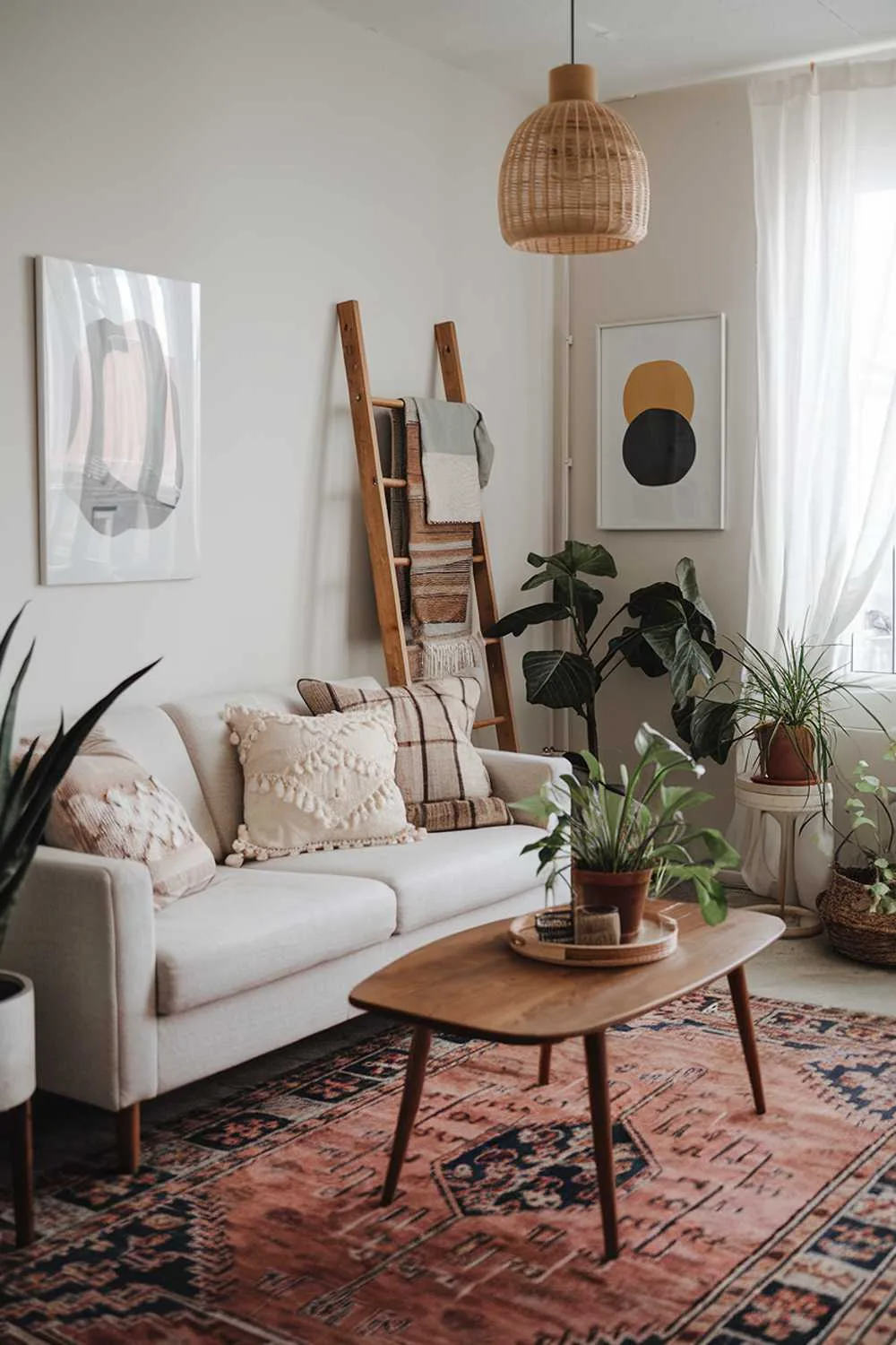 A cozy Scandinavian boho living room with a white sofa, plush cushions, a wooden coffee table, and a few potted plants. The walls are adorned with a few pieces of artwork. There is a vintage patterned rug on the floor. A wooden ladder leans against the wall, holding up a few items. The room has a warm, inviting ambiance.