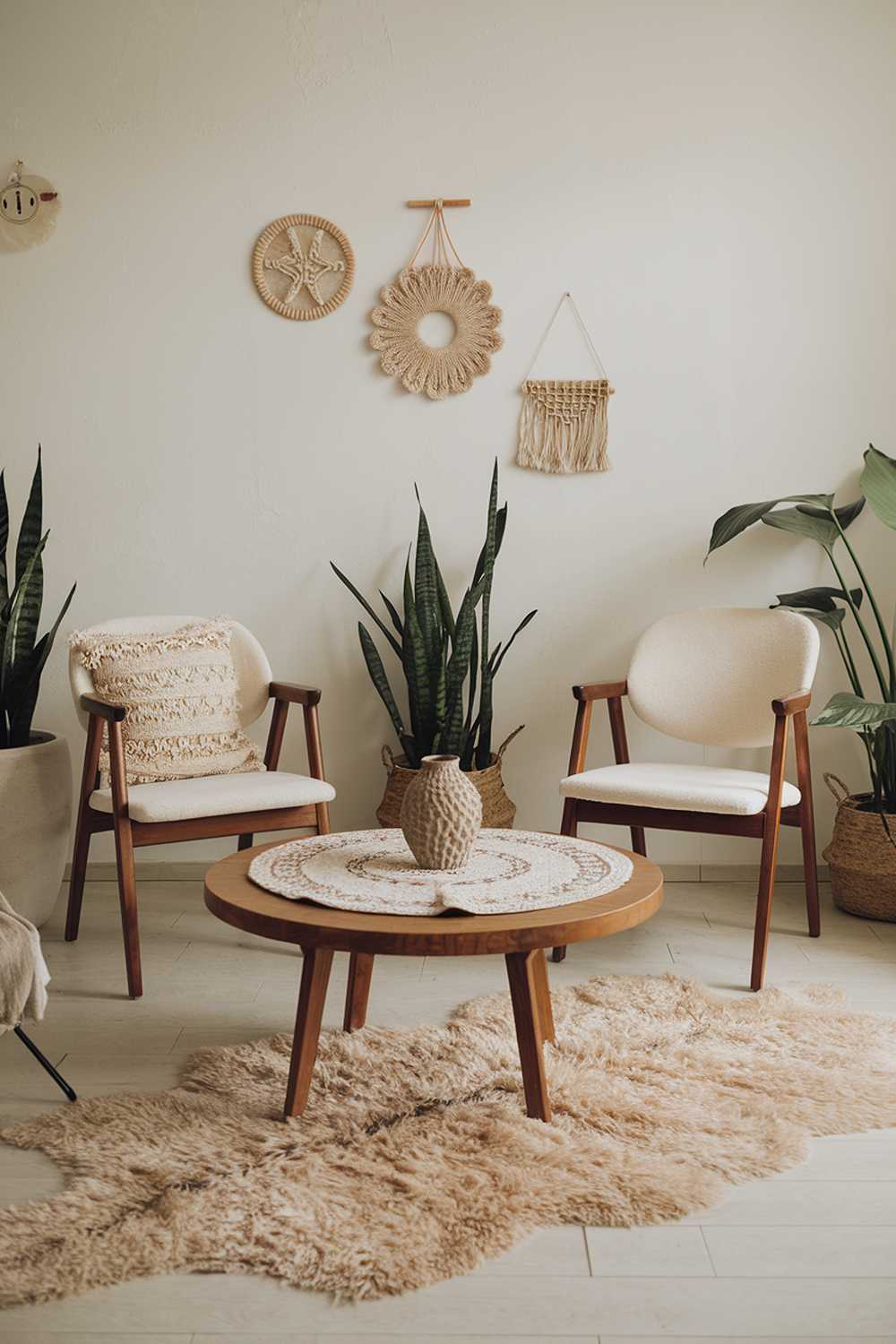 A cozy Scandinavian boho living room decor with a beige sheepskin rug. There is a wooden coffee table with a round patterned rug on top of it. There are two chairs with wooden legs and white seats. One chair has a beige cushion. The wall above the coffee table is adorned with a few decorative items. There are two potted plants in the room.