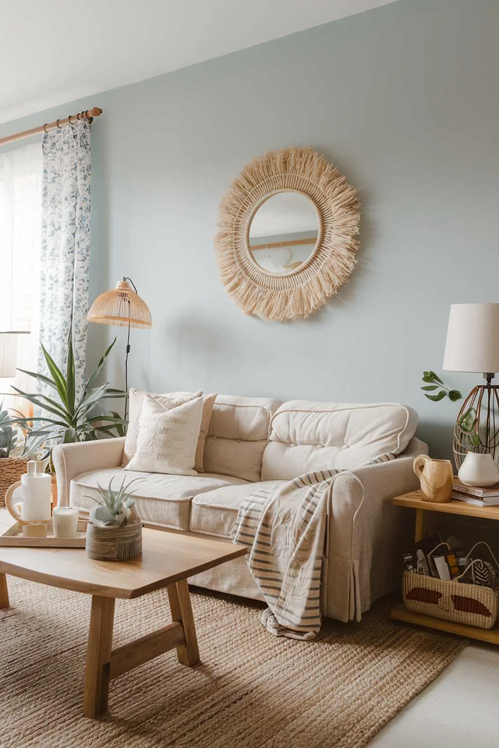 A Scandinavian boho living room decor. There's a beige sofa with a few pillows in the center of the room. A wooden coffee table is placed in front of the sofa. A few decorative items, including a lamp, a plant, and a wooden box, are placed on the table. The walls are painted in a light blue color. A woven rug is placed on the floor.