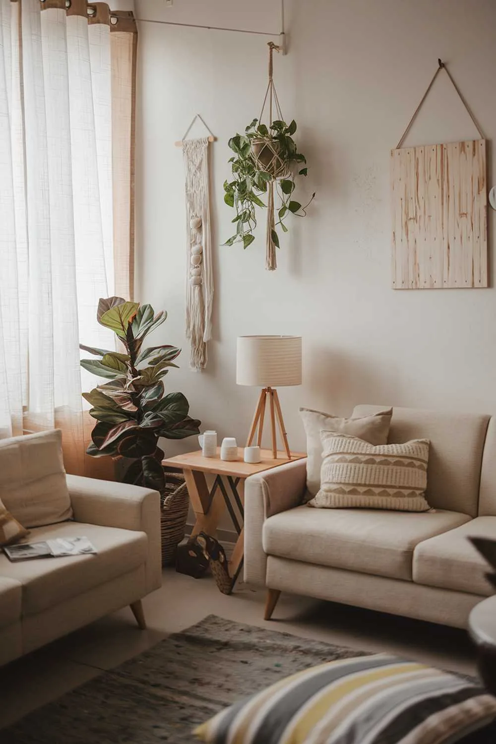 A Scandinavian boho living room decor. There's a beige sofa with a few pillows and a wooden table with a lamp. There's a potted plant near the table. The wall has a few decorative items, including a wooden board with nails and a hanging plant. The floor is covered with a rug. The room has a large window with a curtain.