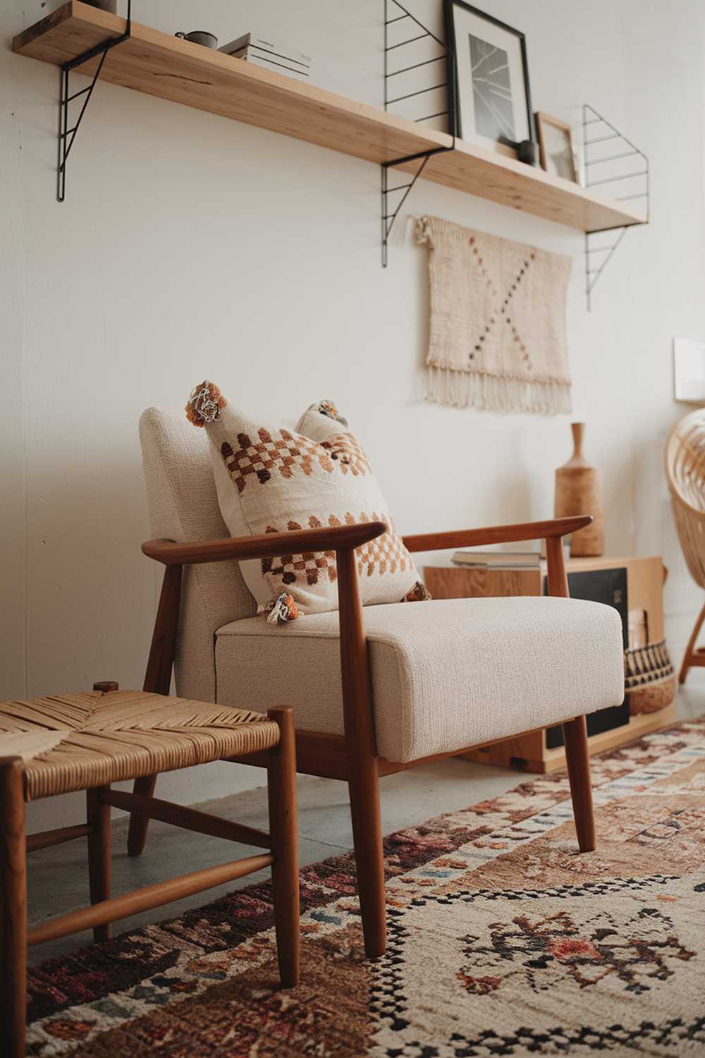 A Scandinavian boho living room decor. There's a beige armchair with a wooden frame and a patterned cushion. A wooden stool with a woven seat is placed beside the armchair. A patterned rug is placed on the floor. There's a wooden shelf above the armchair, displaying a few items. The wall has a few nails. The overall room has a warm and inviting atmosphere.