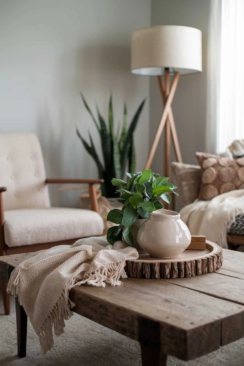 A Scandinavian boho living room decor. There's a rustic wooden coffee table in the center, with a beige blanket, a green plant, and a white ceramic pot. On the left, there's a beige chair with a wooden frame. On the right, there's a floor lamp with a beige shade. The walls are painted in a soft gray hue.