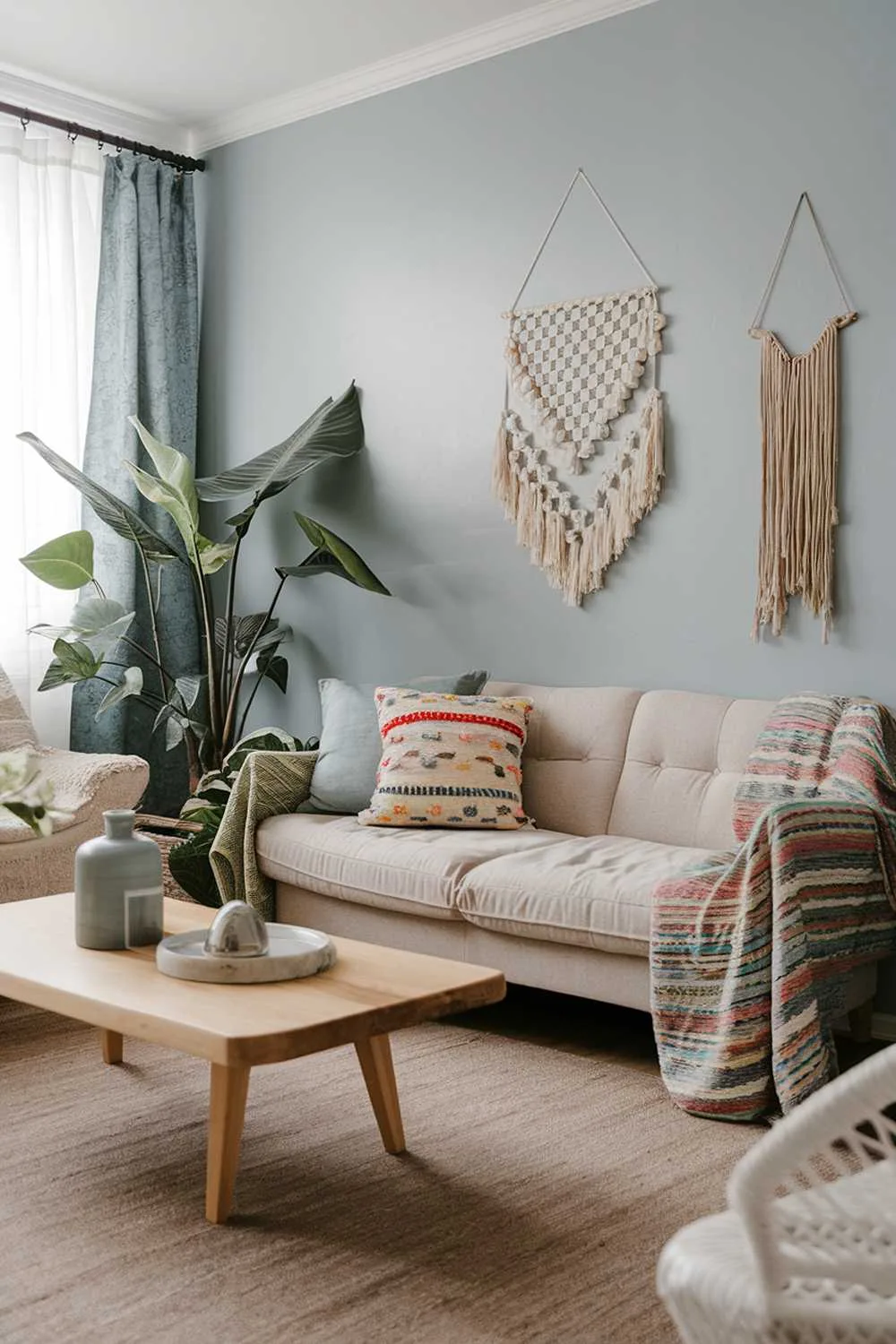 A Scandinavian boho living room decor. There's a beige sofa with colorful cushions, a wooden coffee table, and a few decorative items. The walls are painted in light blue. There's a large potted plant near the sofa. The floor is covered with a light brown rug.