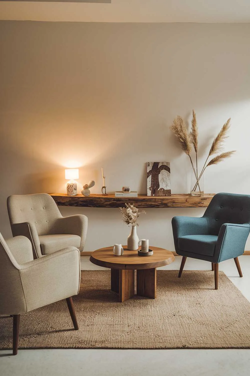 A Scandinavian boho living room decor. There is a beige rug on the floor. A wooden coffee table is placed in the middle of the rug. There are two beige chairs and a blue chair placed around the coffee table. A wooden shelf is mounted on the wall behind the chairs. The shelf holds a few decorative items. A warm, soft light illuminates the room.