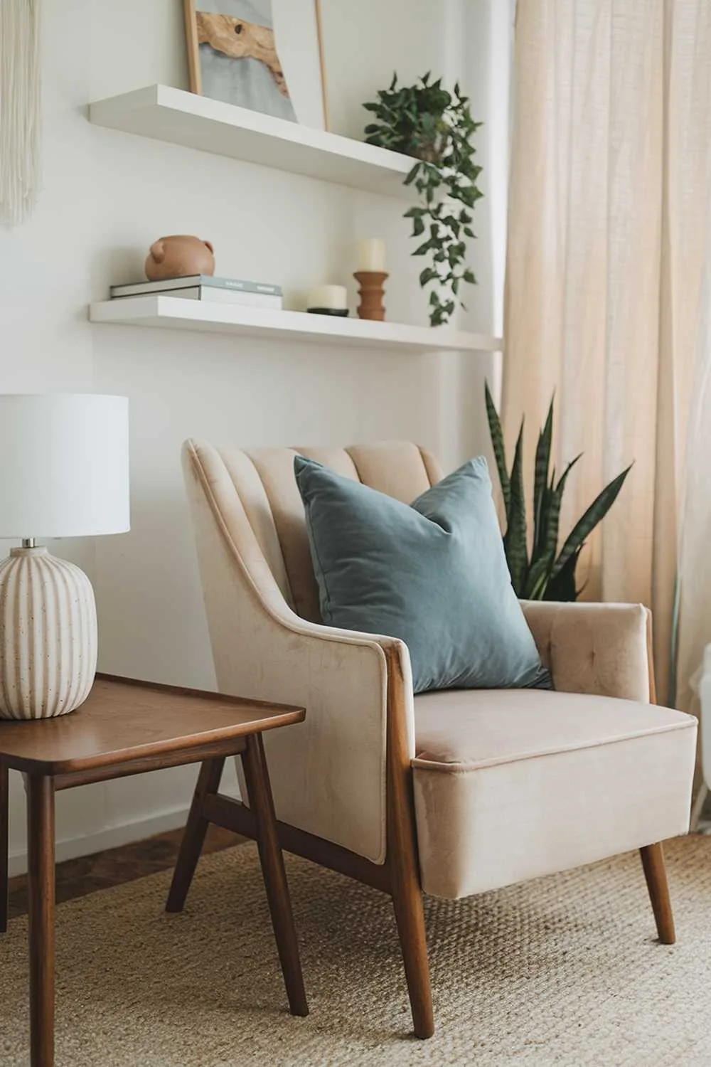 A modern Scandinavian boho living room decor. There's a beige velvet armchair with a wooden frame and a soft blue throw pillow. Next to the chair, there's a wooden side table with a white lampshade. There's a beige rug on the floor. The wall has a white shelf with a few items, including pottery, a plant, and a candle. The background has a beige curtain.