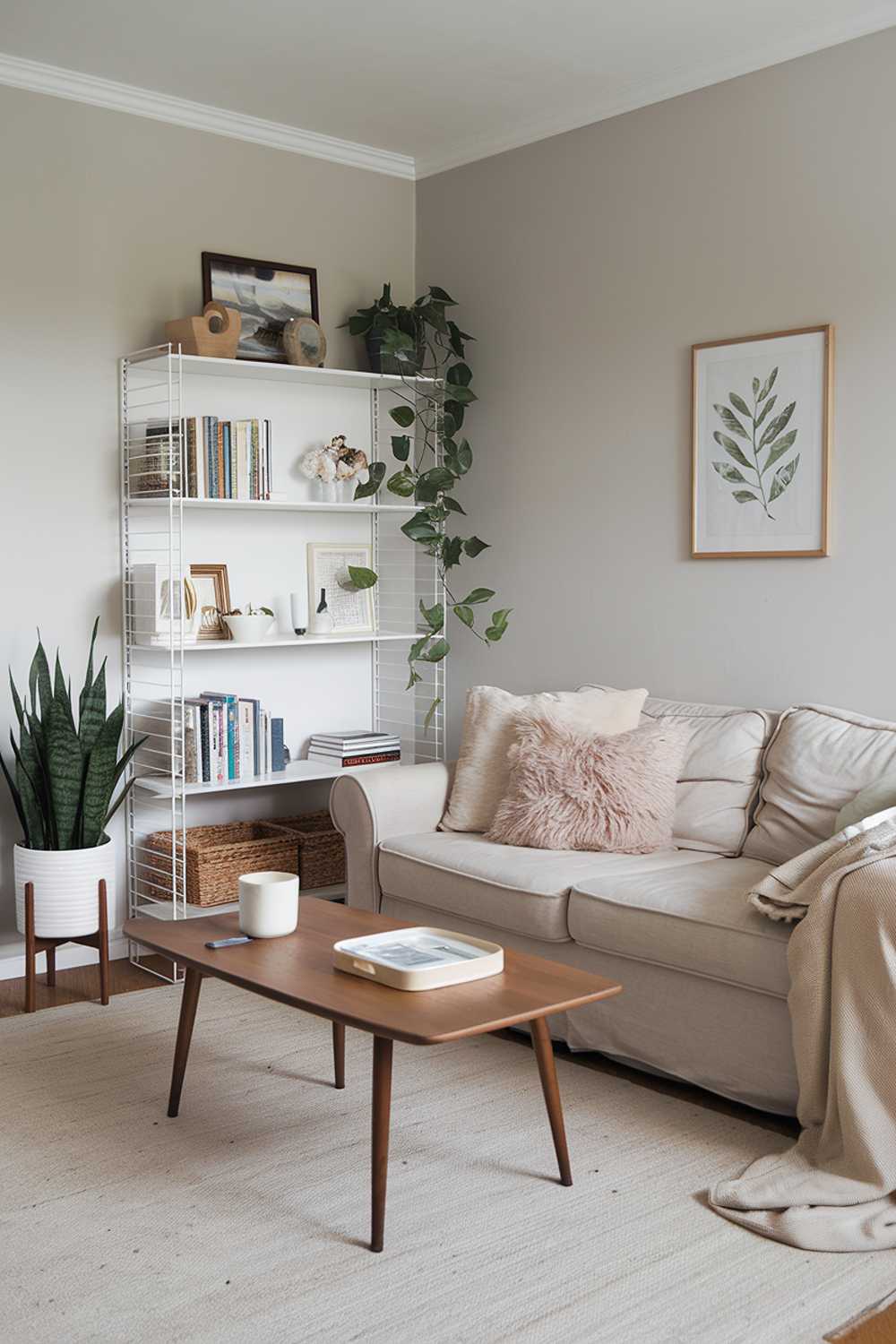 A cozy modern Scandinavian boho living room decor. There's a beige sofa with fluffy pillows and a wooden coffee table in the middle of the room. A white bookshelf with books and decorative items is placed near the sofa. A green plant is placed on the floor near the bookshelf. A beige rug covers the floor. The walls are painted in a light gray color.