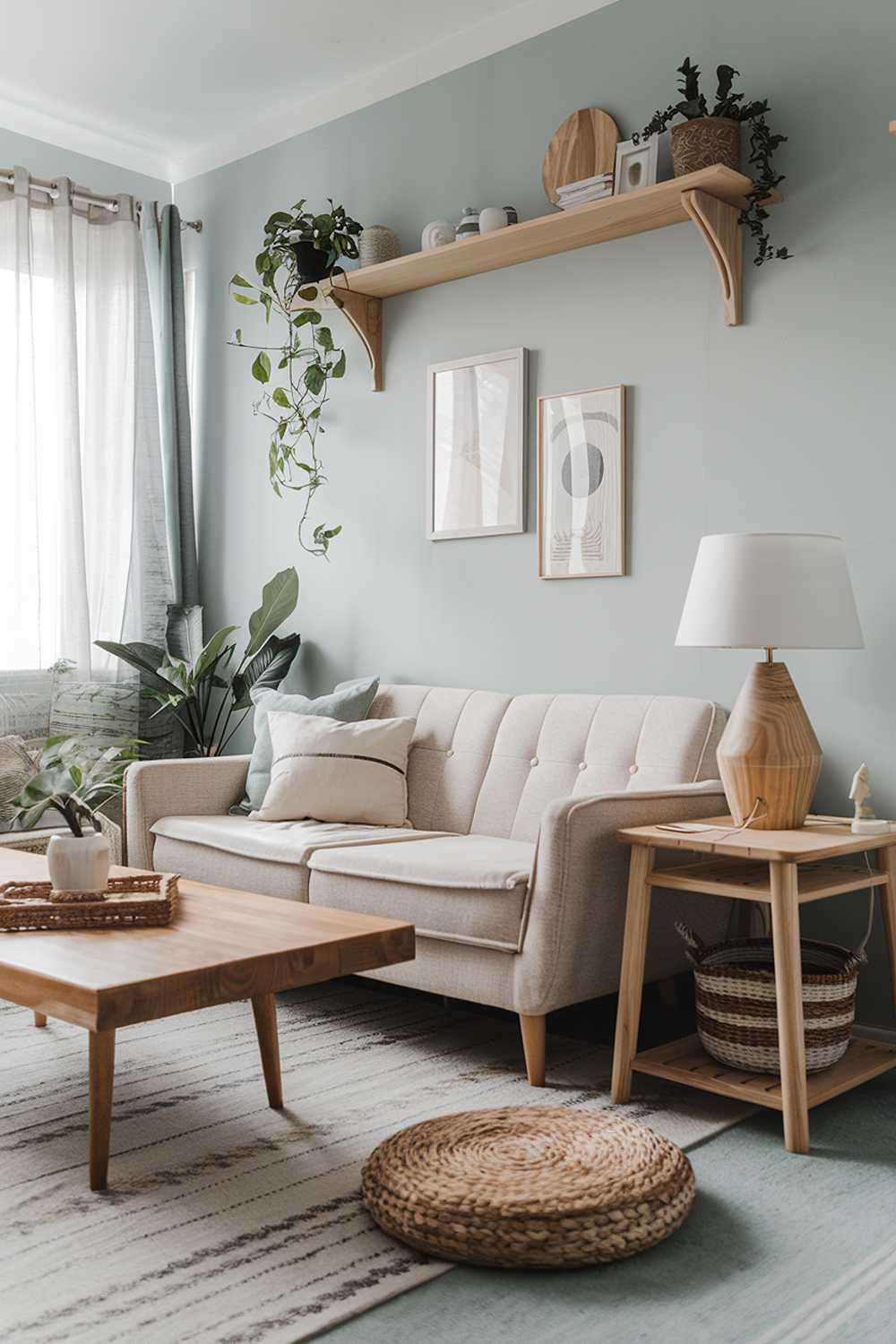 A modern Scandinavian boho living room decor. There's a beige sofa with a few cushions and a wooden coffee table in the middle of the room. A white lampshade with a wooden base is placed on the table. A woven basket and a few books are placed on the floor. The walls are painted in light blue. There are plants and a wooden shelf with decorative items above the sofa.