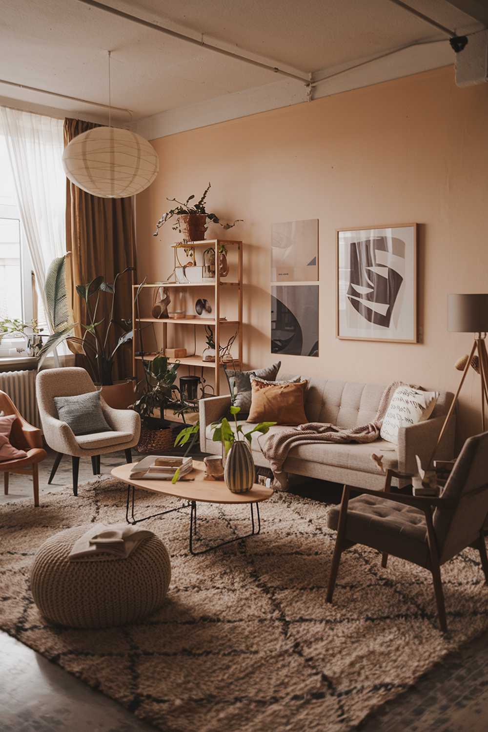 A cozy modern Scandinavian boho living room with a warm color palette. The room features a plush rug, a comfortable sofa, a few chairs, and a coffee table. There are also plants, decorative items, and a few pieces of art on the walls. The room has wooden elements, such as a shelf and a lamp. The lighting is soft.