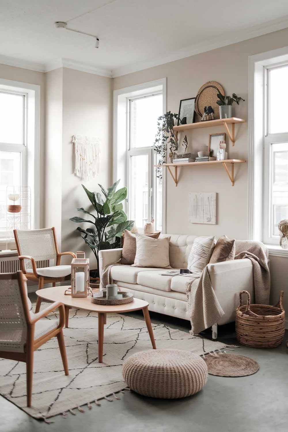 A cozy modern Scandinavian boho living room decor. There's a beige sofa with cushions in various patterns, a few chairs, a coffee table, and a plant. The walls are painted white and have a few shelves. There are rugs on the floor. The room has a few decorative items, including a lantern, a basket, and a wooden bowl. The room has a few windows, allowing natural light to fill the space.