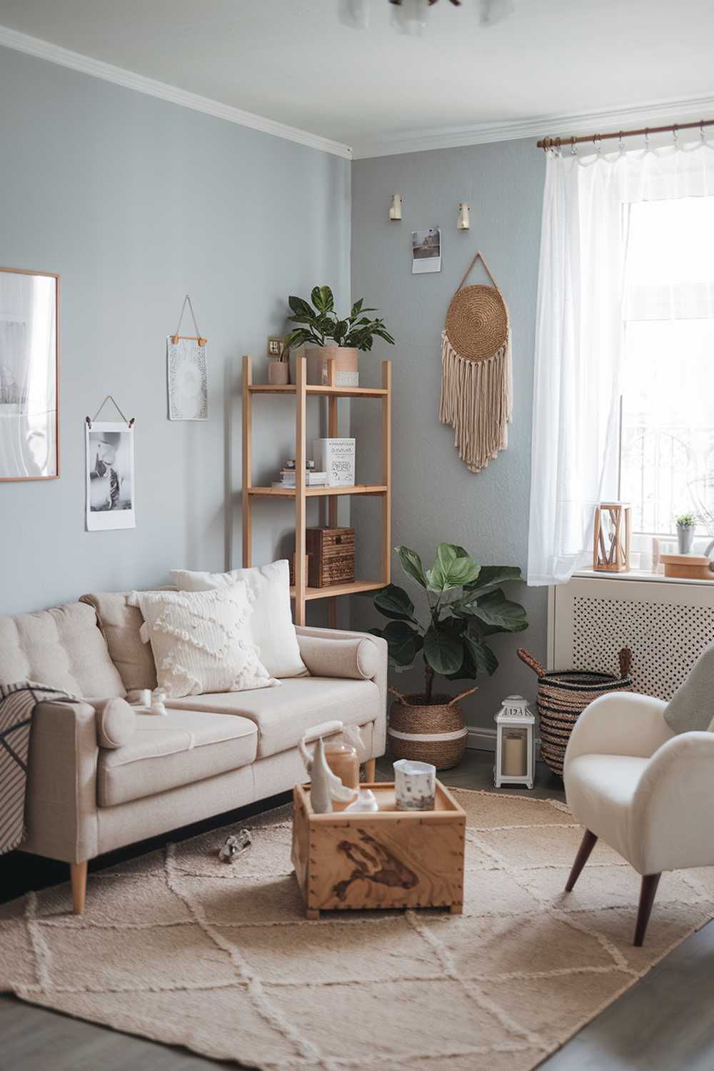 A modern Scandinavian boho living room. There's a beige sofa with white pillows and a beige rug. There are also a wooden shelf, a white chair, and a potted plant. The room has a few decor items, including a wooden box, a lantern, and a basket. The walls are painted in light blue and have a few photos hanging on them. There's a window in the room with white curtains.