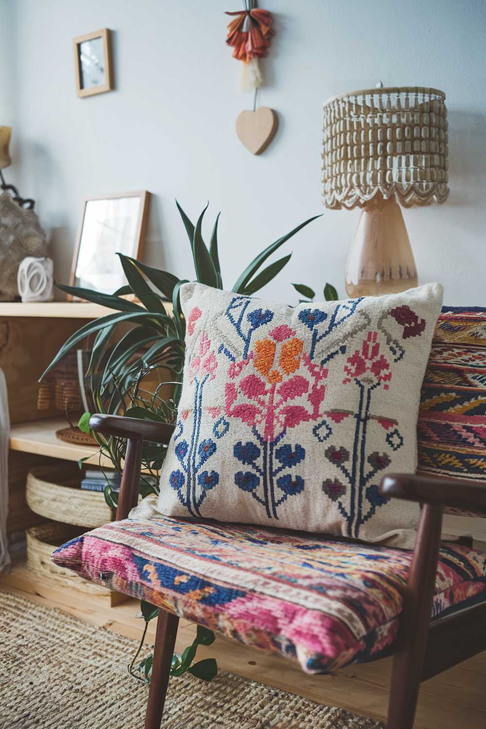 A colorful Scandinavian boho living room decor. There's a woven rug on the wooden floor. A patterned cushion with a floral design is placed on a chair. There's a plant near the cushion. A lamp with a beaded shade is placed on a shelf. The wall has a few objects like a photo frame, a wooden heart, and a decorative piece.