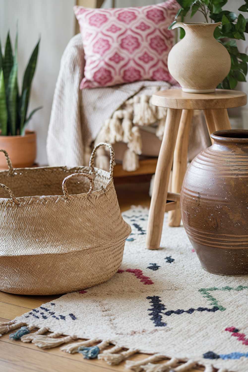 A colorful Scandinavian boho living room decor. There's a woven basket, a beige rug with a tribal pattern, a wooden stool, and a ceramic pot. In the background, there's a pink cushion with a floral pattern, a beige blanket, and a green plant. The room has wooden floors.