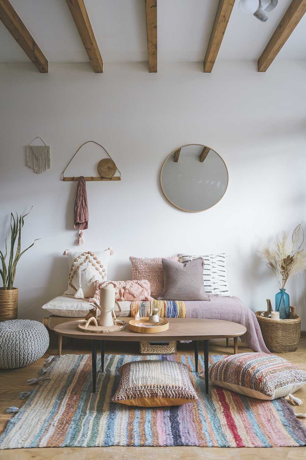 A Scandinavian boho living room decor. There's a colorful rug on the floor, with a variety of cushions in different patterns and colors placed on top. There's a wooden coffee table in the middle. On the wall, there's a large, round mirror and a few decorative items. The room has wooden beams on the ceiling.