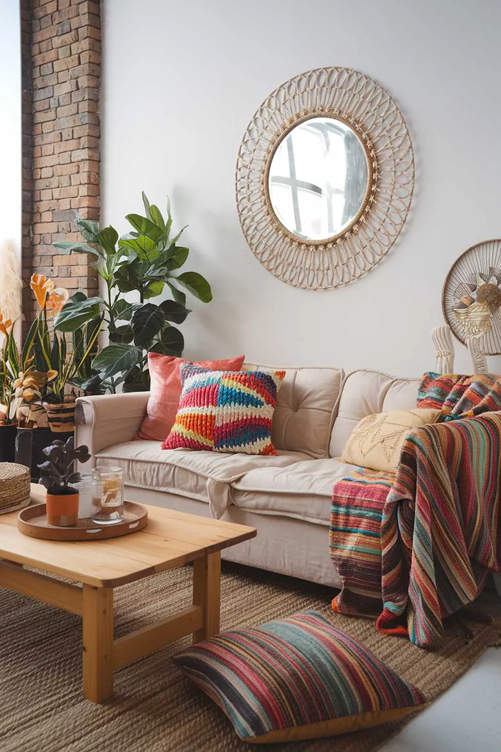 A colorful Scandinavian boho living room decor. There's a beige sofa with colorful cushions, a wooden coffee table, and a potted plant. On the wall, there's a large, round mirror with a decorative frame. The floor is covered with a woven rug. There are some decorative items on the coffee table and near the mirror. The background is a brick wall.