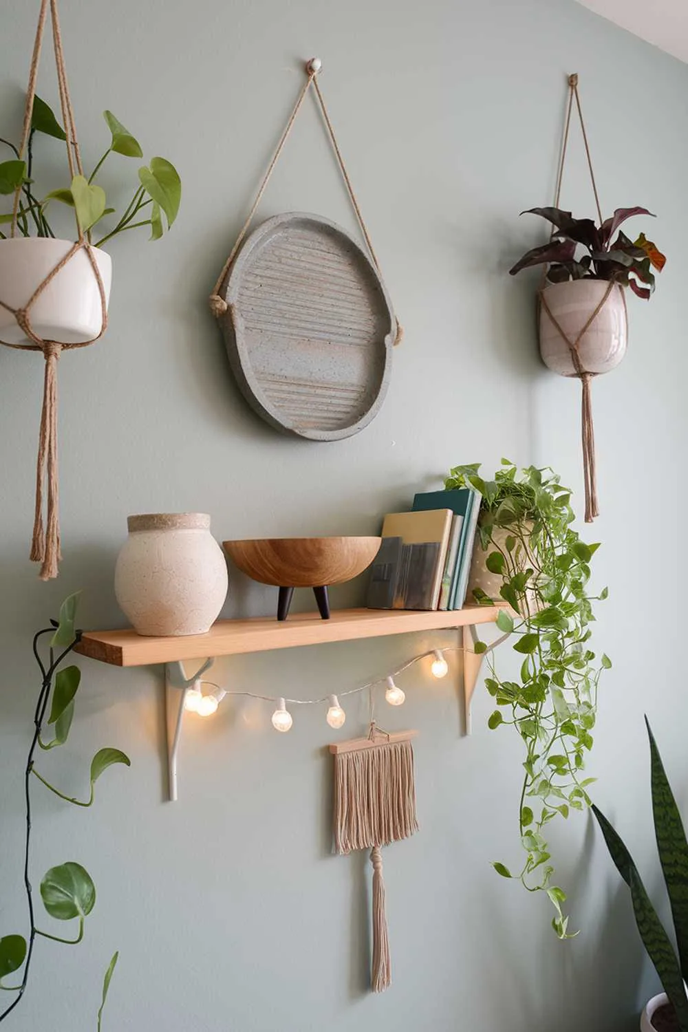 A Scandinavian boho living room wall decor. On the wall, there is a wooden shelf with several decorative items, including a white ceramic bowl, a wooden bowl, a gray pot, a green plant, and a few books. There are also a few hanging plants and a string of fairy lights. The wall is painted in a light blue color.