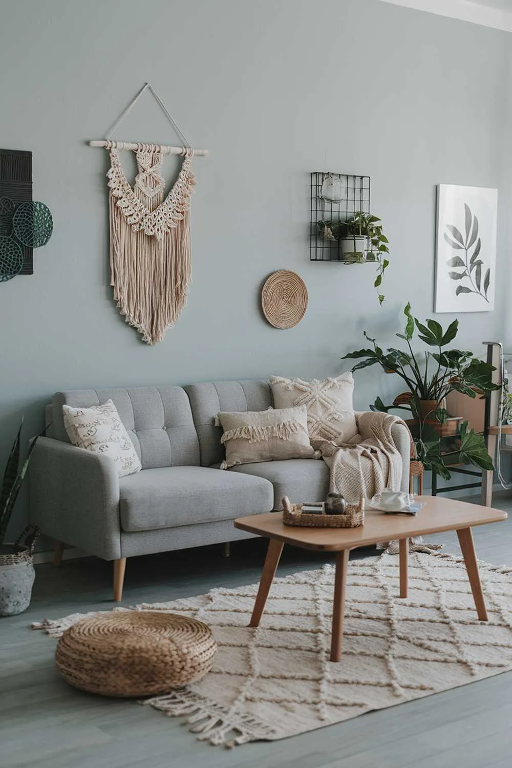 A Scandinavian boho living room decor with a gray sofa, a beige rug, and a wooden coffee table. There are also a few boho-style items such as a macrame wall hanging, a rattan basket, and a few decorative pillows. The walls are painted in a light blue color and have a few pieces of art. There are also potted plants scattered throughout the room.