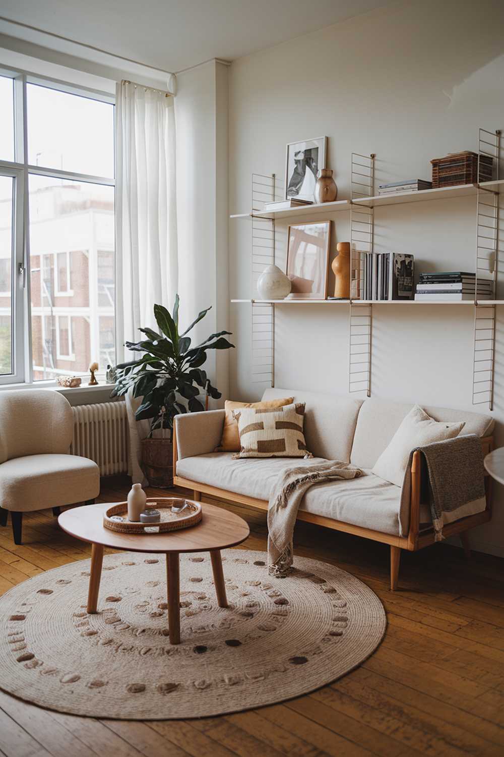 A bohemian living room with Scandinavian decor. There's a beige sofa with a few pillows in front of a large window. A wooden coffee table with a round rug and a few items sit in front of the sofa. There's a white bookshelf with a few books and decorative items on the wall behind the sofa. A potted plant sits on the floor. A beige chair is placed near the window. The room has a wooden floor.