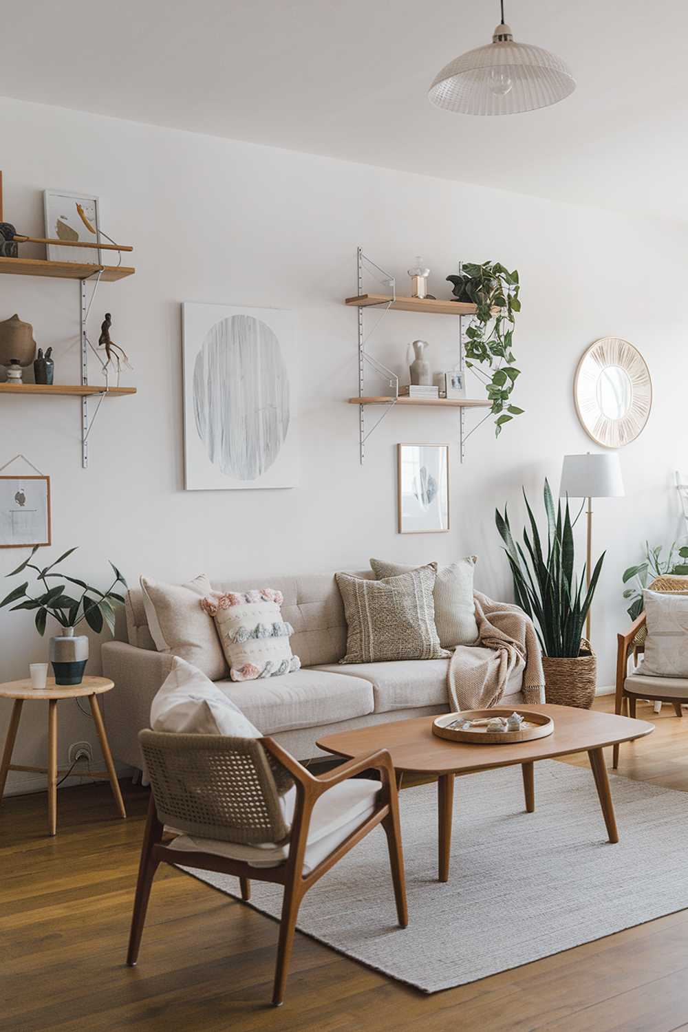 A Scandinavian boho living room decor. There is a beige sofa with cushions in various patterns. There's a wooden coffee table in the middle. A few chairs, a plant, and a lamp are placed around the room. The walls have wooden shelves with decorative items. The floors are made of wood.