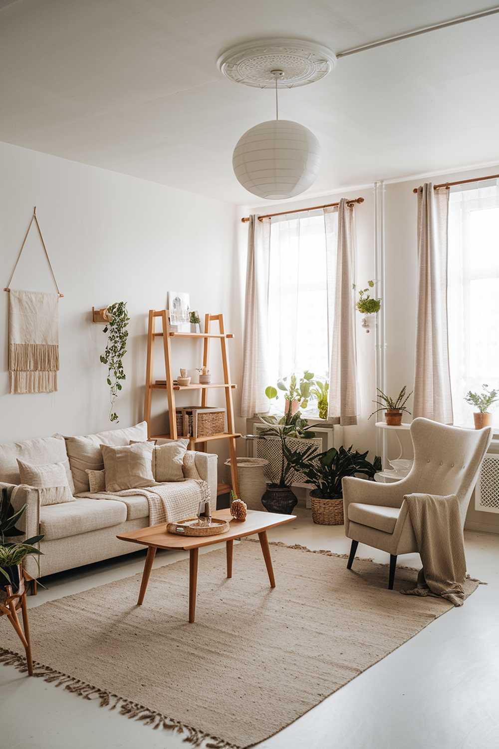 A Scandinavian boho living room with a beige rug, a beige sofa, a beige chair, a wooden coffee table, and a wooden shelf. The room has white walls and the ceiling has a white pendant light fixture. There are also a few plants, a few decorative items, and a few textiles scattered around the room. The room has a few windows with curtains.