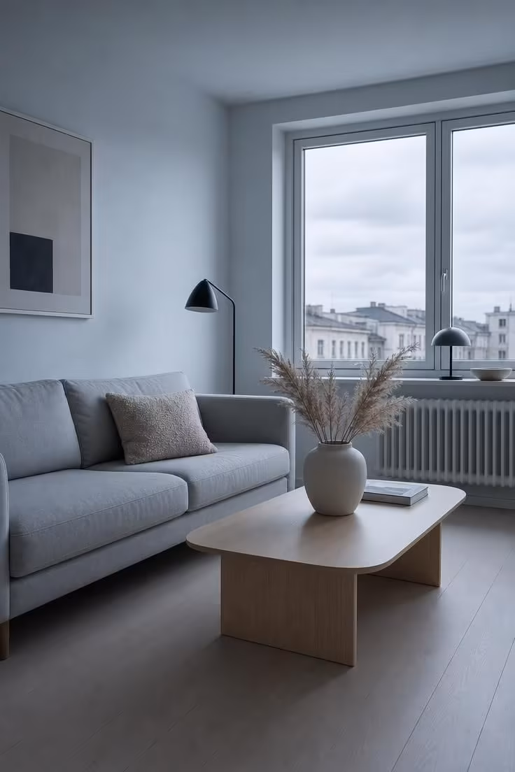 7 Scandinavian Color Palette Mistakes That Make a Room Feel Cold Instead of Calm 1 A Scandinavian living room with blue-white walls and cool overcast light creating a clinical atmosphere against ash wood floors and grey linen furniture.