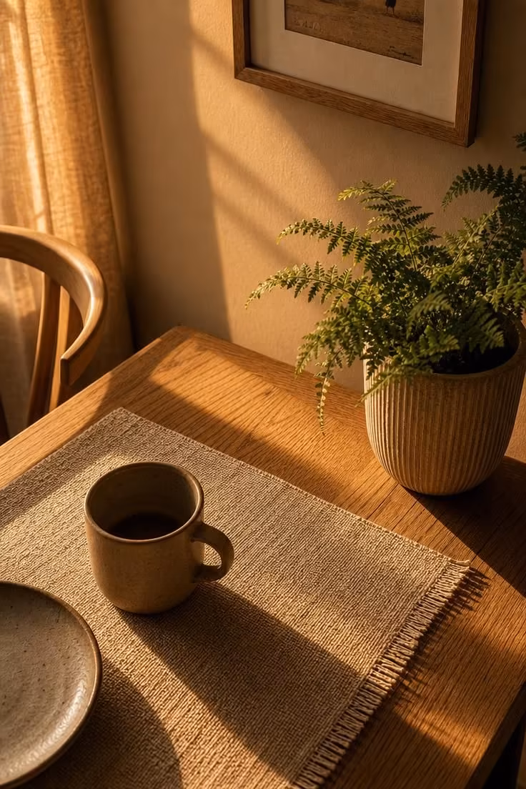 7 Scandinavian Color Palette Mistakes That Make a Room Feel Cold Instead of Calm 2 A close-up overhead view of a honey oak dining table corner against a warm greige wall in golden afternoon light with a linen placemat and stoneware mug.