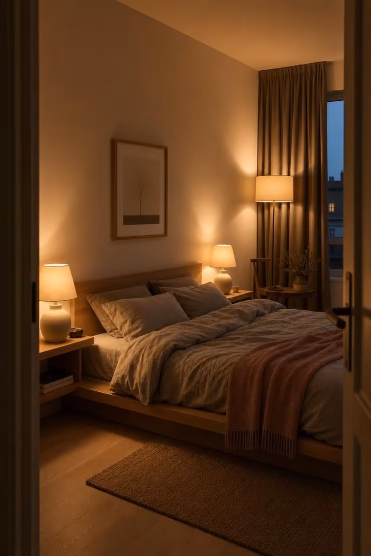 7 Scandinavian Color Palette Mistakes That Make a Room Feel Cold Instead of Calm 3 A Scandinavian bedroom at dusk lit by warm ceramic table lamps and a floor lamp casting layered amber pools of light across linen bedding and a pale oak platform bed.