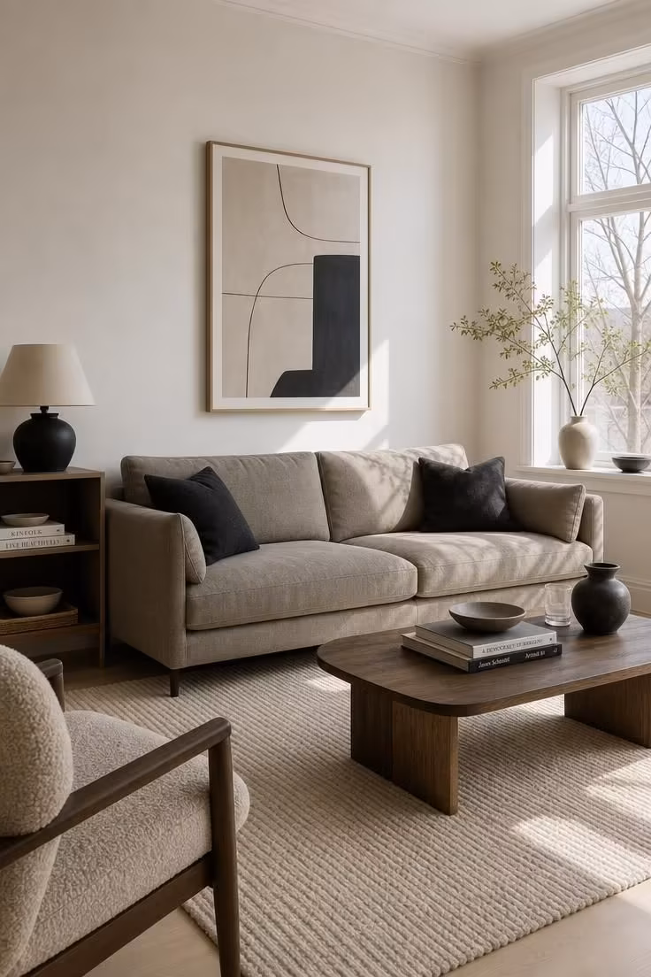 7 Scandinavian Color Palette Mistakes That Make a Room Feel Cold Instead of Calm 4 A bright Scandinavian living room at midday showing clear value contrast between warm off-white walls, a greige linen sofa, and charcoal wool cushions with a smoked oak coffee table.