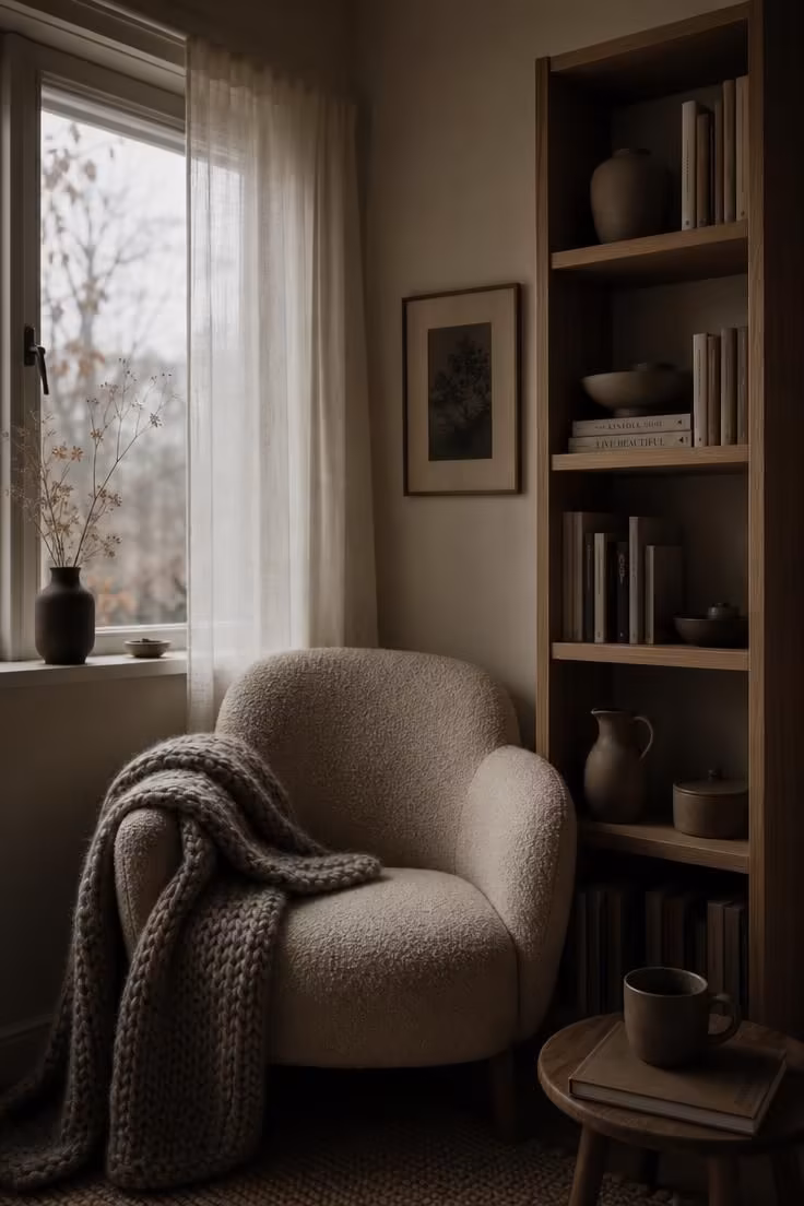 7 Scandinavian Color Palette Mistakes That Make a Room Feel Cold Instead of Calm 5 A moody north-facing Scandinavian reading nook in late autumn light with warm cream walls, an oatmeal bouclé armchair, and clay-toned ceramics on an oak shelf.
