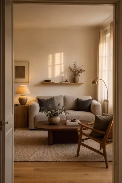 7 Scandinavian Color Palette Mistakes That Make a Room Feel Cold Instead of Calm A warm Scandinavian living room at golden hour with off-white walls, honey oak floors, a greige bouclé sofa with charcoal cushions, layered warm lighting, and a single sage green accent.