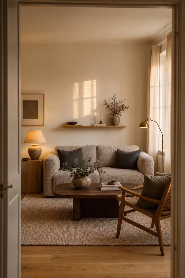 Simple Spaces 14 A warm Scandinavian living room at golden hour with off-white walls, honey oak floors, a greige bouclé sofa with charcoal cushions, layered warm lighting, and a single sage green accent.