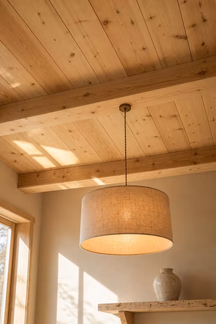 Raw pine plank ceiling with exposed collar ties and a linen drum pendant shade in a Scandinavian cottage living room with warm afternoon light.