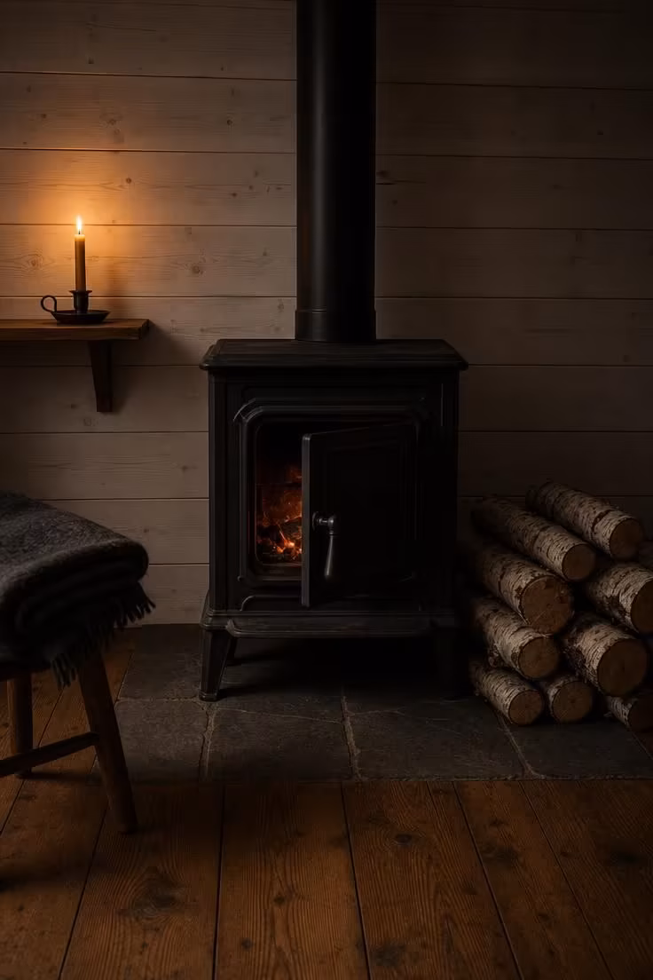 Matte black cast-iron wood burning stove against whitewashed tongue-and-groove walls with stacked birch logs and a single taper candle in a moody Scandinavian cottage scene.