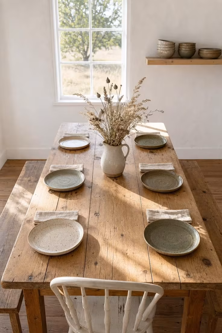 Long pine farmhouse table set with handmade stoneware plates and linen napkins in a bright sunlit Scandinavian cottage dining room with dried meadow grass centerpiece.