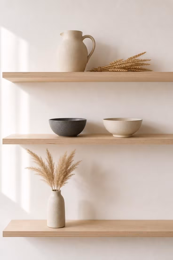 Open birch plywood shelving with ceramic pitchers, stoneware bowls, and dried grasses arranged with generous spacing against a white wall.