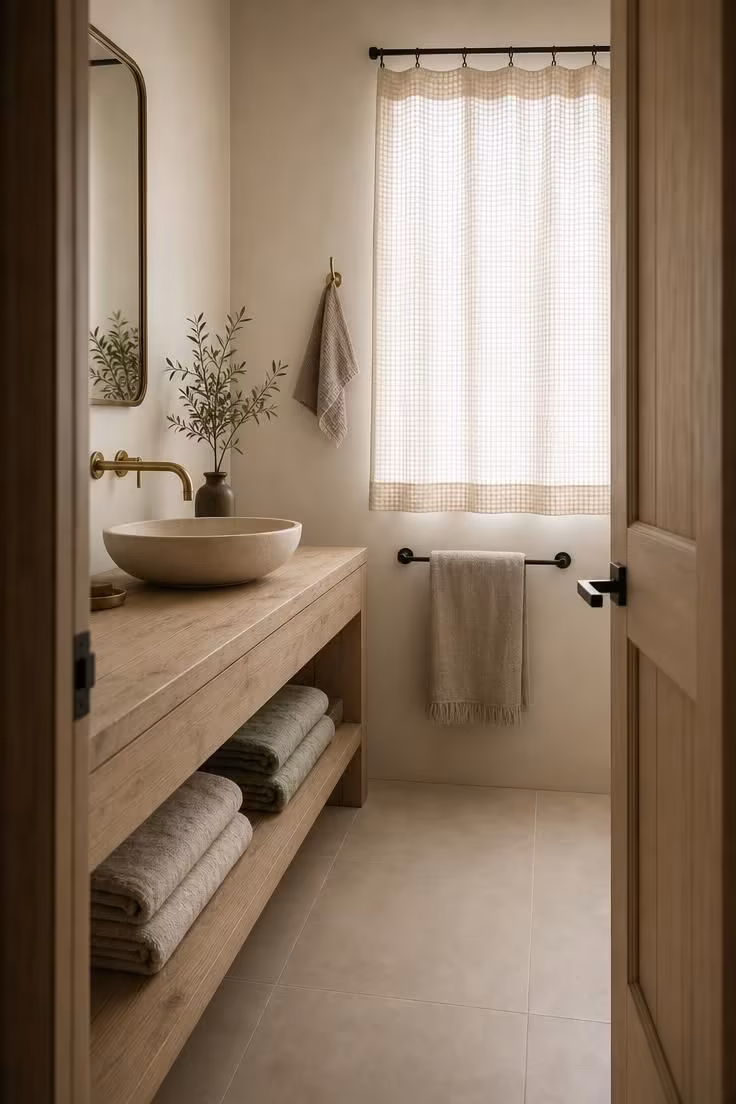 Waffle-weave cotton curtain filtering soft light into a Scandinavian cottage bathroom with an ash wood vanity, brass faucet, and matte black fixtures.