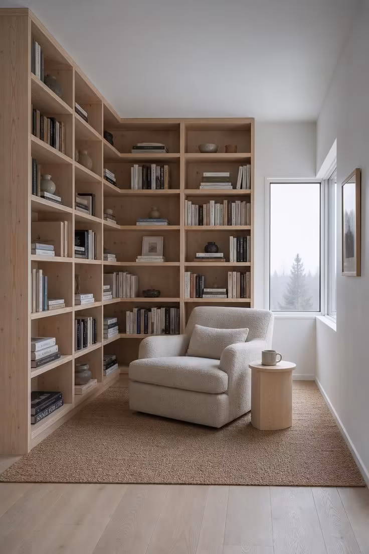Corner reading nook with floor-to-ceiling built-in pine bookshelves, a woven jute rug, and a deep oatmeal armchair with a birch side table and ceramic mug.