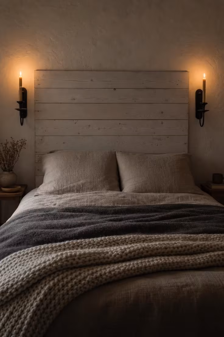 Whitewashed pine headboard flanked by matte black iron candle sconces with layered oatmeal and charcoal bedding in a dim Scandinavian cottage bedroom.