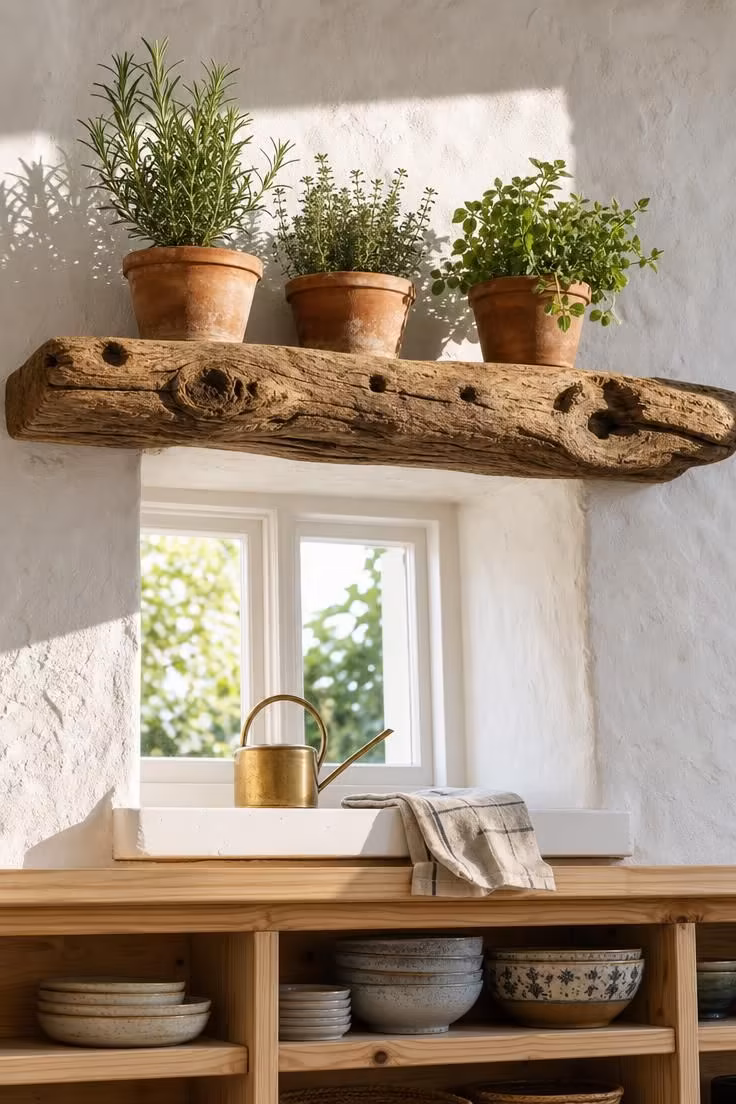 Reclaimed driftwood shelf above a deep-set kitchen window with terra cotta potted herbs in bright midday sunlight and a small brass watering can on the sill.