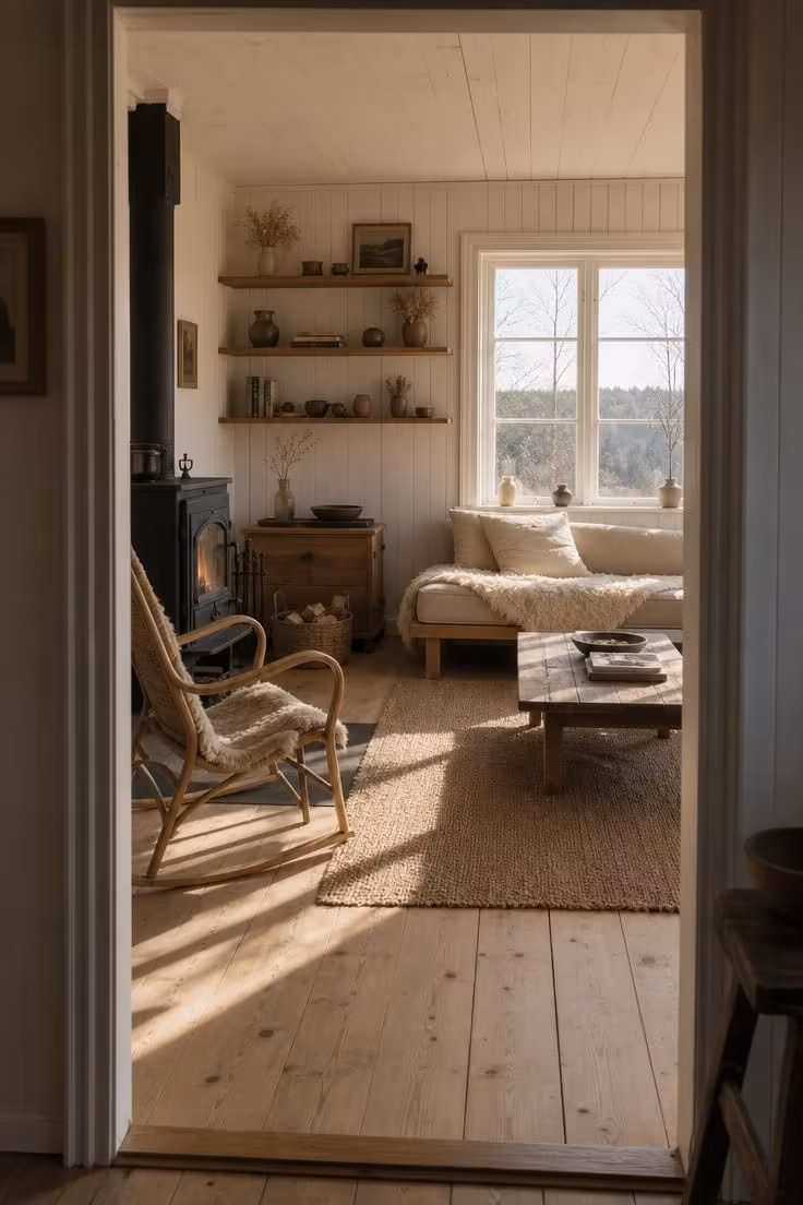 Simple Spaces 14 Complete Scandinavian cottage living room with whitewashed walls, a cast-iron stove, ash daybed, jute rug, and birch rocking chair in soft late afternoon light.