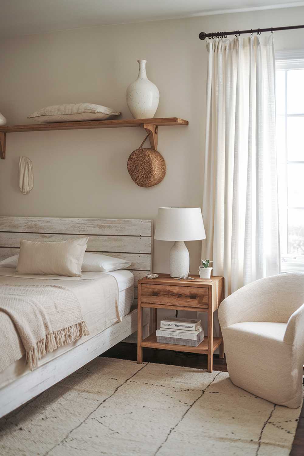 A Scandinavian farmhouse bedroom decor. The room has a white wooden bed frame with a beige blanket and a beige pillow. There is a wooden nightstand next to the bed with a white lamp. The walls are decorated with a beige curtain and a wooden shelf. The shelf has a white vase and a beige cushion. The floor is covered with a beige rug. There is a beige chair in the corner. The room has a window with white curtains.