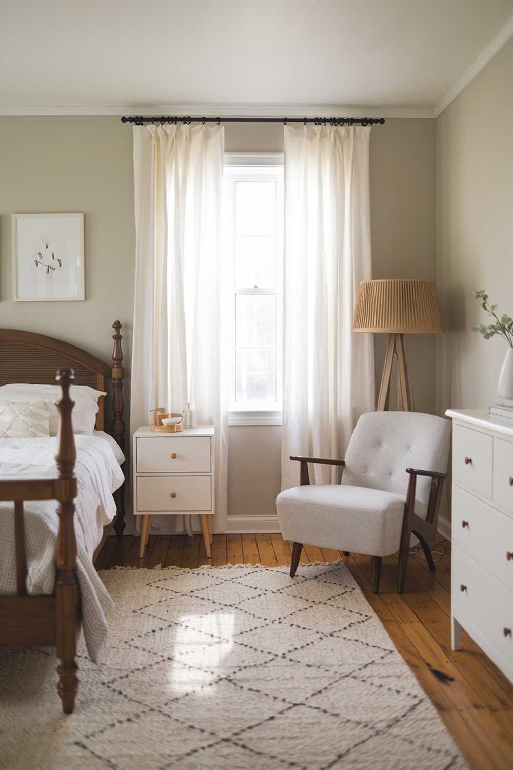 A Scandinavian farmhouse bedroom decor with a wooden bed, a white dresser, and a gray chair. The room has wooden floors and a beige rug. There are white curtains on the window. The walls are painted in a soft gray hue. There is a wooden lampshade on the gray chair.