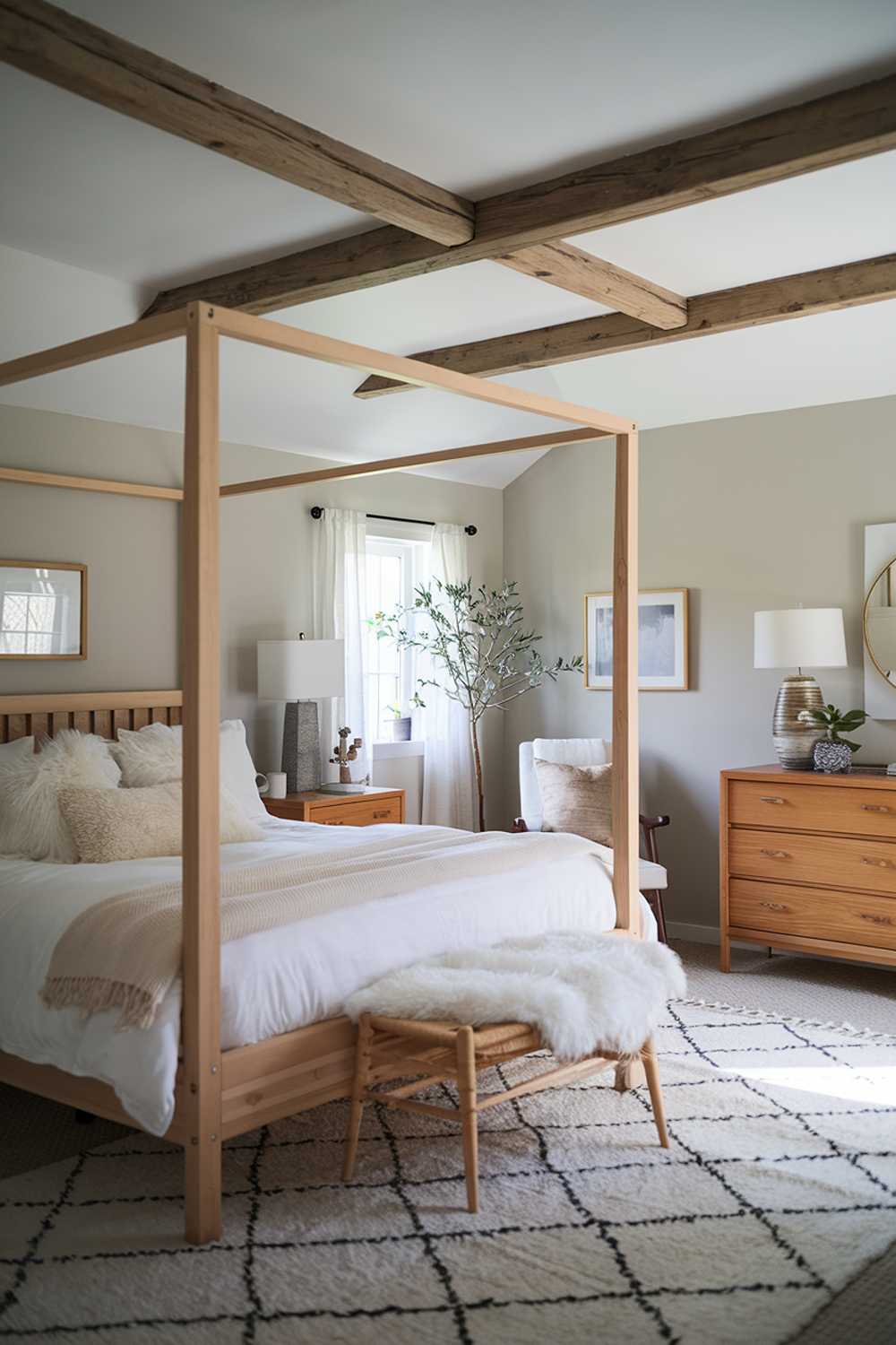 A Scandinavian farmhouse bedroom with a wooden bed frame, white bedding, and fluffy pillows. The room has a wooden dresser with a lamp, a chair, and a plant. The walls are painted a soft gray, and there is a white area rug on the floor. There are wooden beams on the ceiling. The room has a small window with a curtain.