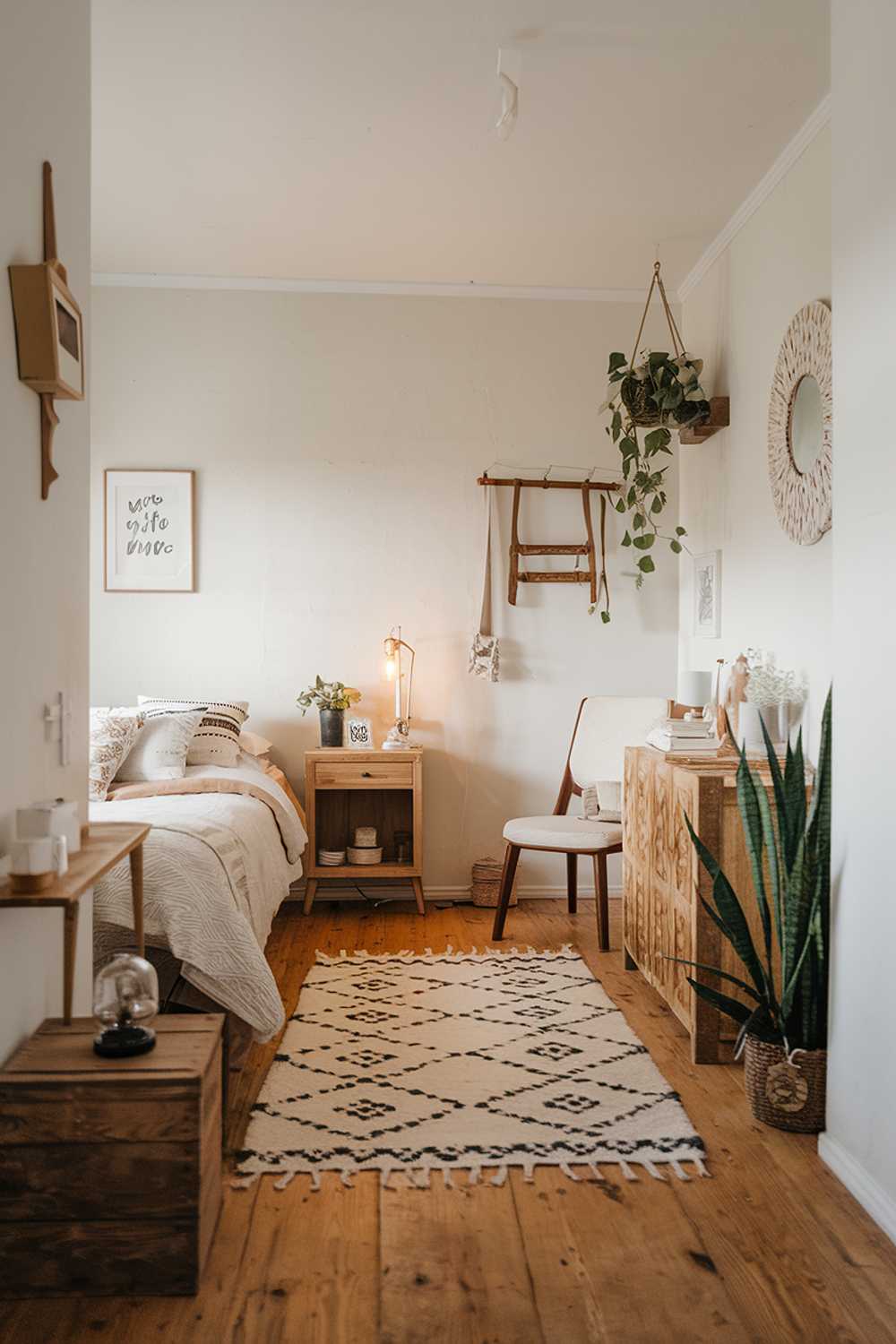 A Scandinavian farmhouse bedroom decor. The room has a wooden floor and is furnished with a bed, a nightstand, and a chair. The walls are painted white, and there is a patterned rug near the bed. The room has a few decorative items, including a lamp, a plant, and a wooden box. The overall atmosphere is warm and cozy