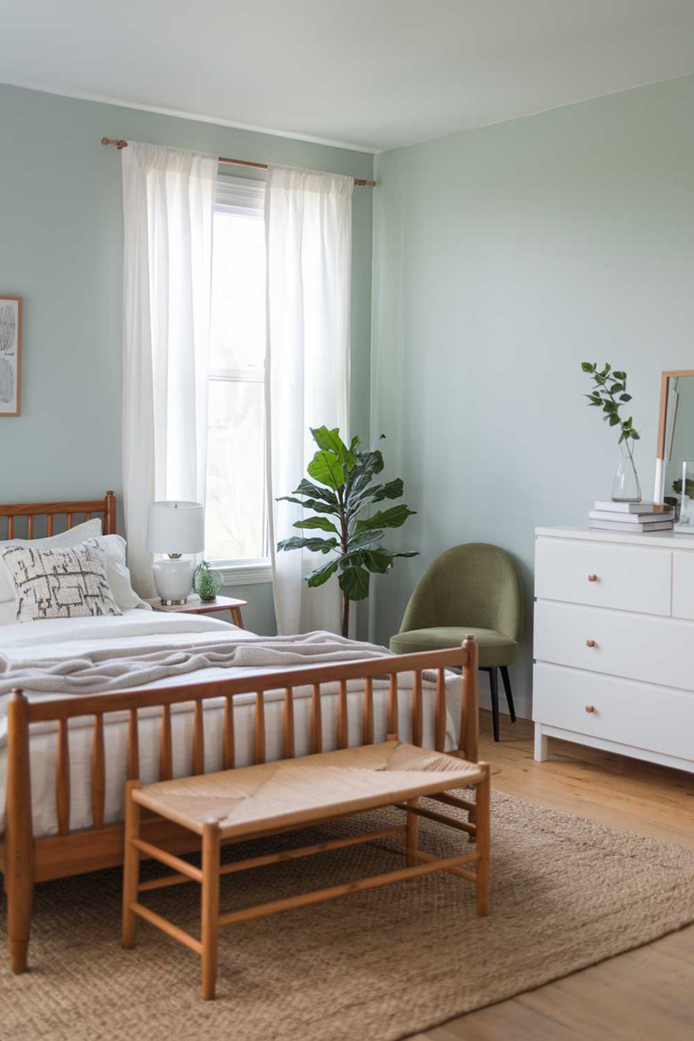 A Scandinavian farmhouse bedroom decor with a wooden bed, a white dresser, and a green chair. There's a woven rug under the bed. The walls are painted in a light blue color. There's a potted plant near the window. The window has white curtains.