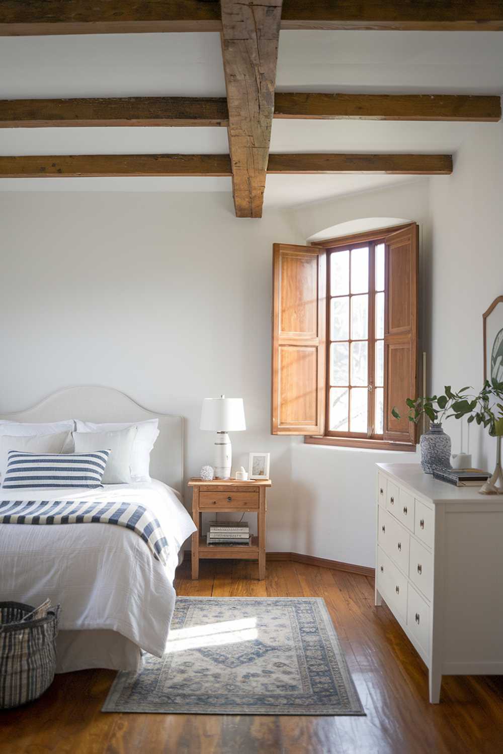 A Scandinavian farmhouse bedroom decor with a wooden beam ceiling, white walls, and a wooden floor. There's a white bed with a striped blue and white throw pillow. There's a wooden nightstand next to the bed with a lamp. There's a white dresser with a few items on top near the bed. The room has a large window with wooden shutters. There's a small area rug near the bed.