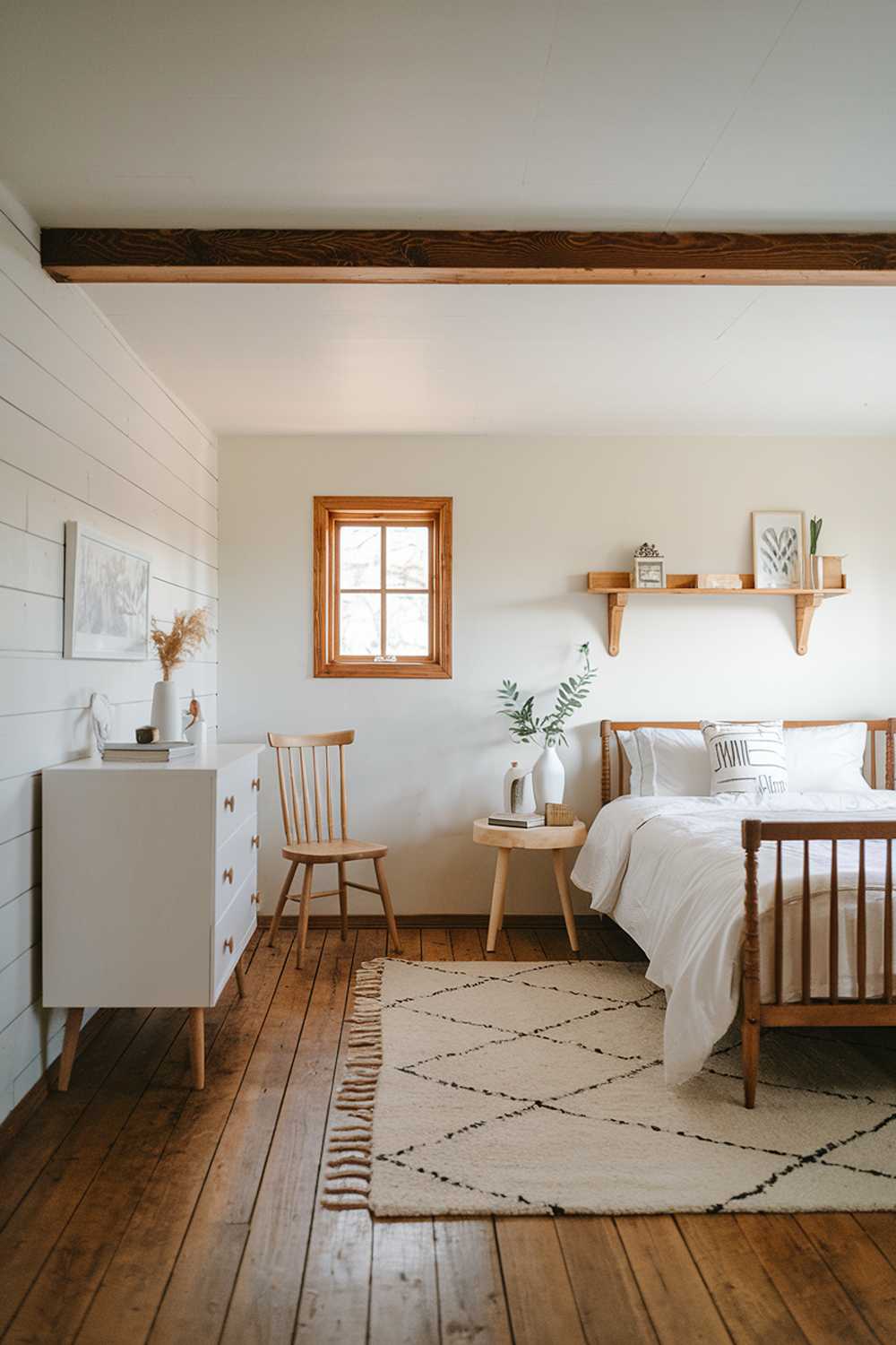 A Scandinavian farmhouse bedroom decor. The room has a wooden floor, white walls, and a wooden beam across the ceiling. There is a white bed with a wooden frame. A white dresser with wooden legs is placed near the bed. A wooden chair is near the dresser. There is a white rug under the bed. The room has a small window with a wooden frame. The wall has a wooden shelf with a few decorative items. The room has a soft, warm lighting.