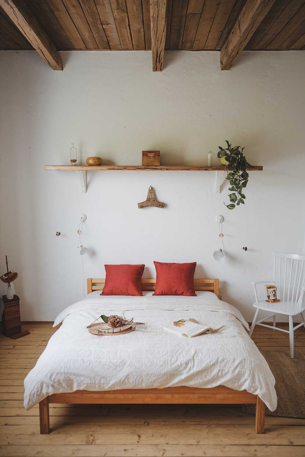 A bedroom with Scandinavian farmhouse decor. There's a wooden bed with a white duvet and two red pillows. On the wall above the bed, there's a white shelf with a few decorative items, including a wooden box, a small plant, and a lamp. The room has a rustic wooden ceiling. The floor is made of beige wooden planks. There's a white chair in the corner. The wall has a few nails and a hook.