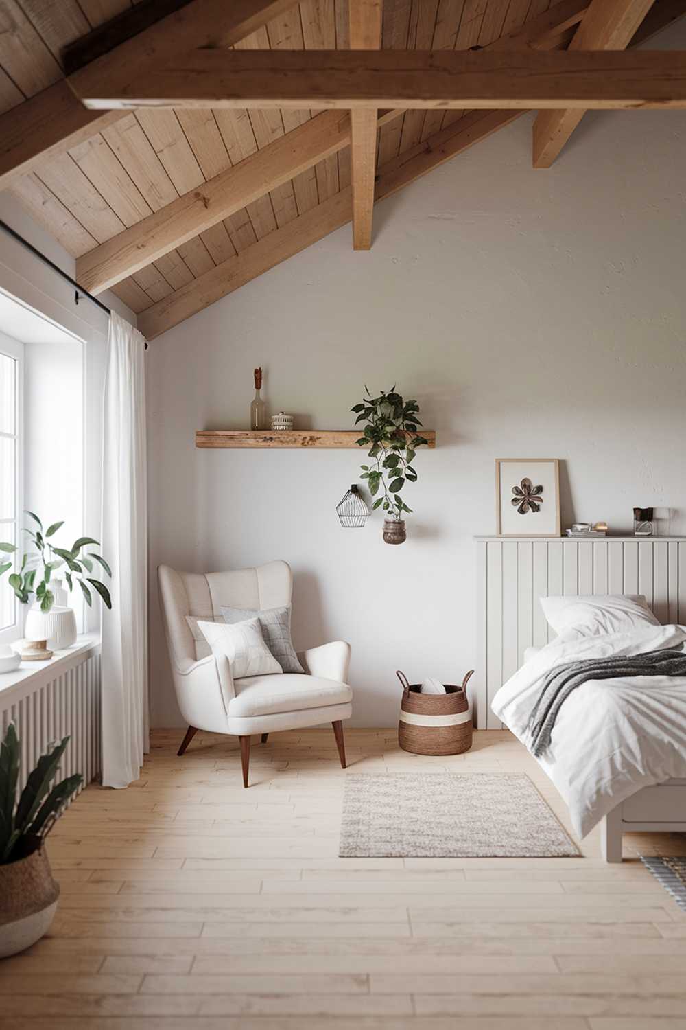 A Scandinavian farmhouse bedroom decor with a wooden beam ceiling, white walls, and a light wooden floor. There's a cozy armchair near the window. On the wall hangs a wooden shelf with a few items. A small rug is placed near the bed. The bed has a white headboard and is made with clean white sheets. The room has a few decorative items, including a potted plant, a wooden basket, and a few items on the shelf. The room is illuminated by natural light through the window.