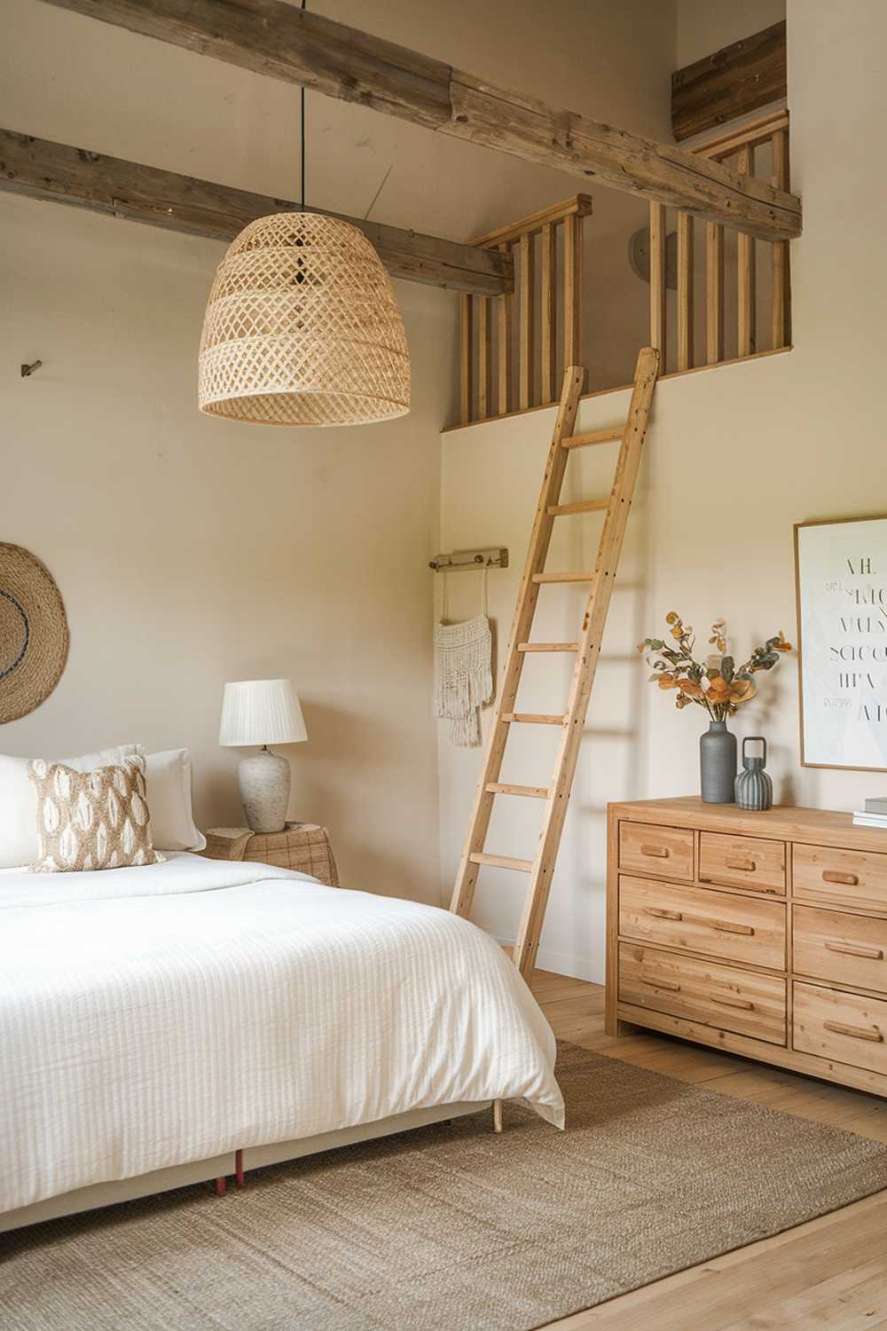 A Scandinavian farmhouse bedroom decor. The room has wooden beams on the ceiling and a wooden ladder leading to a loft. There's a wooden dresser with drawers and a hanging lamp made of wood. The bed has a white duvet cover and two decorative pillows. There's a woven rug in the room. The walls are painted beige.