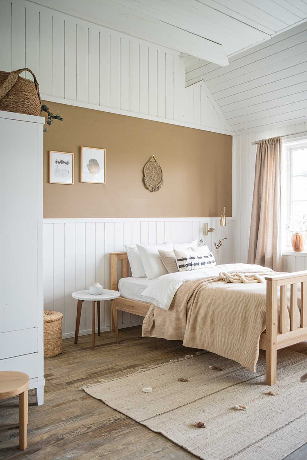 A Scandinavian farmhouse bedroom decor. The room has a beige and white color scheme with wooden elements. There is a wooden bed with a beige blanket and white pillows. The walls have white wooden panels and a beige wall. There is a white wooden side table beside the bed. The floor is made of wood. A beige rug is placed on the floor. There is a white wardrobe and a wooden stool in the room. The room has a window with curtains.